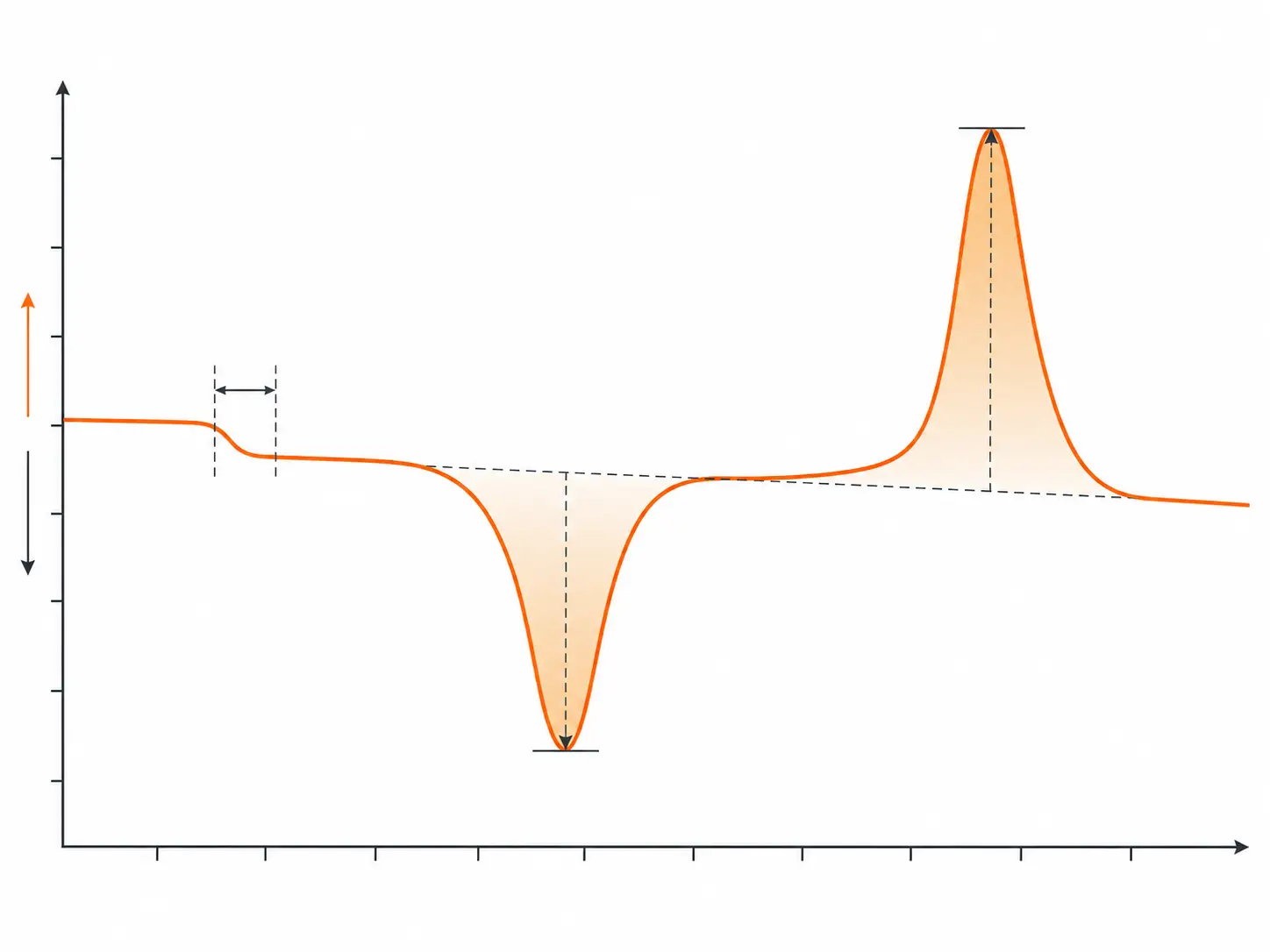 DSC heat-flow curve showing glass transition, melting, and crystallization features