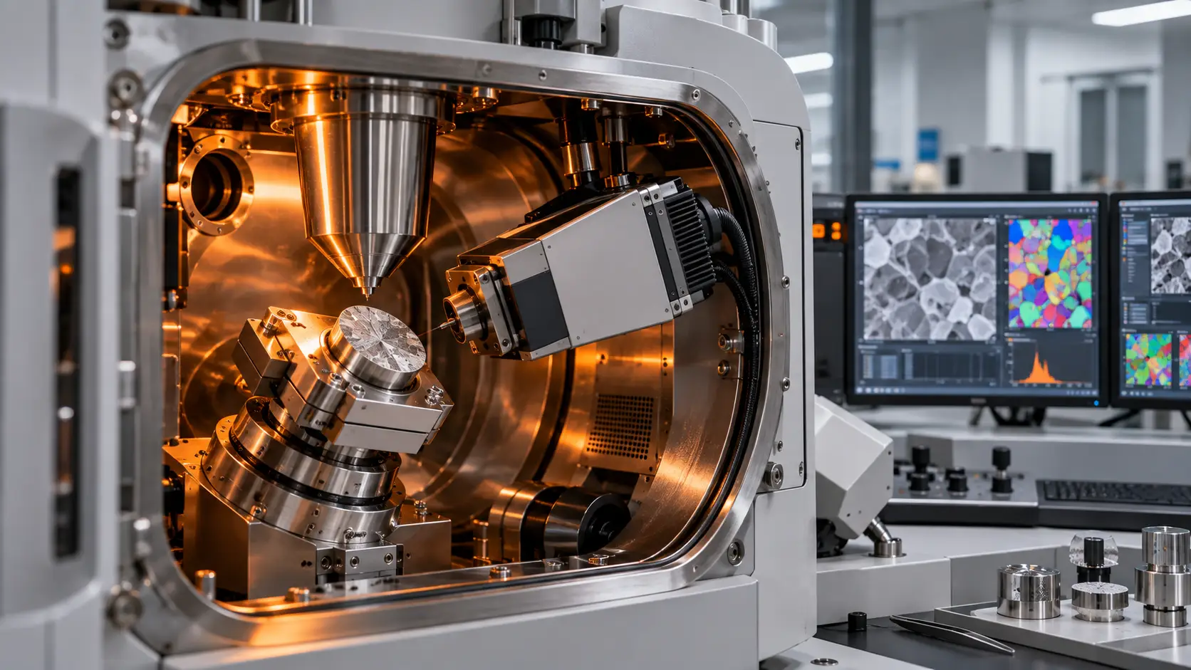 EBSD detector positioned near a polished metal sample inside an SEM chamber
