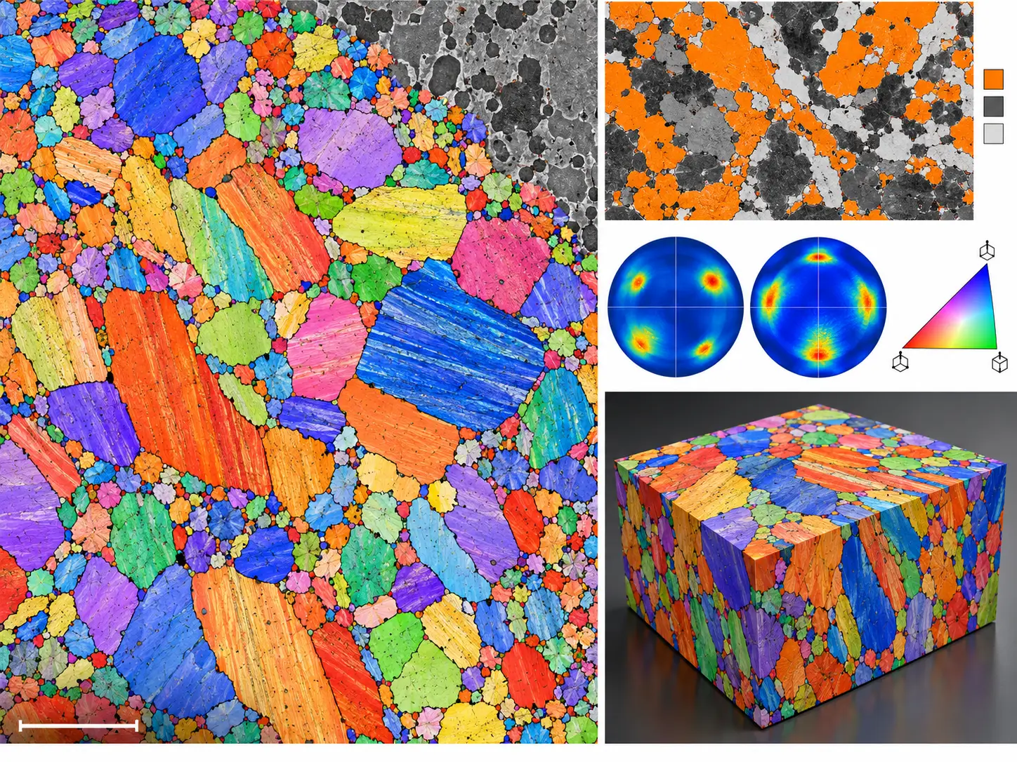 EBSD application showing metal-alloy grains, phase regions, and crystallographic texture