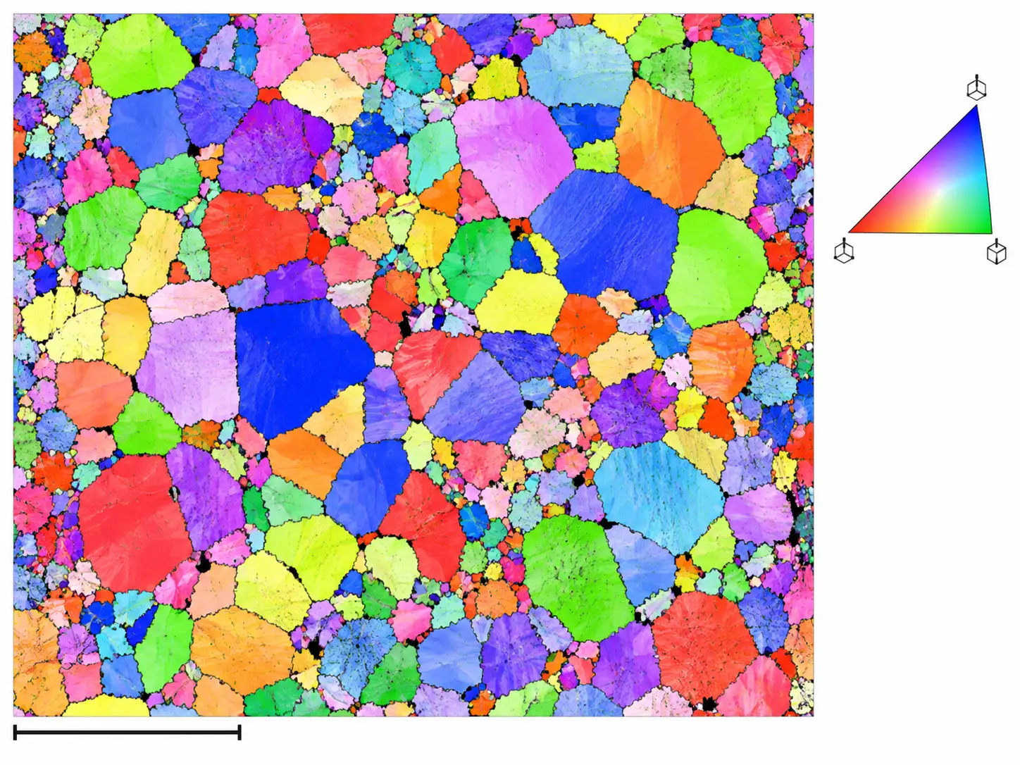 EBSD grain-orientation map showing crystallographic orientation in a polycrystalline metal