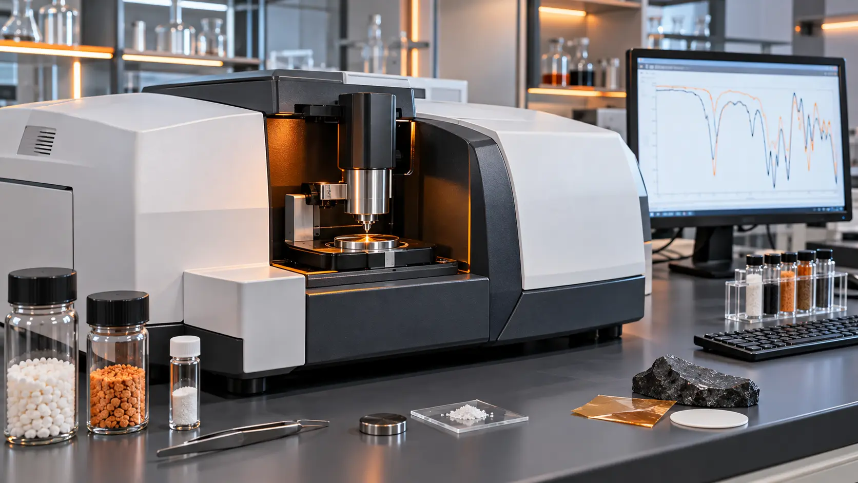 FTIR spectrometer with ATR accessory used for chemical identification and materials analysis