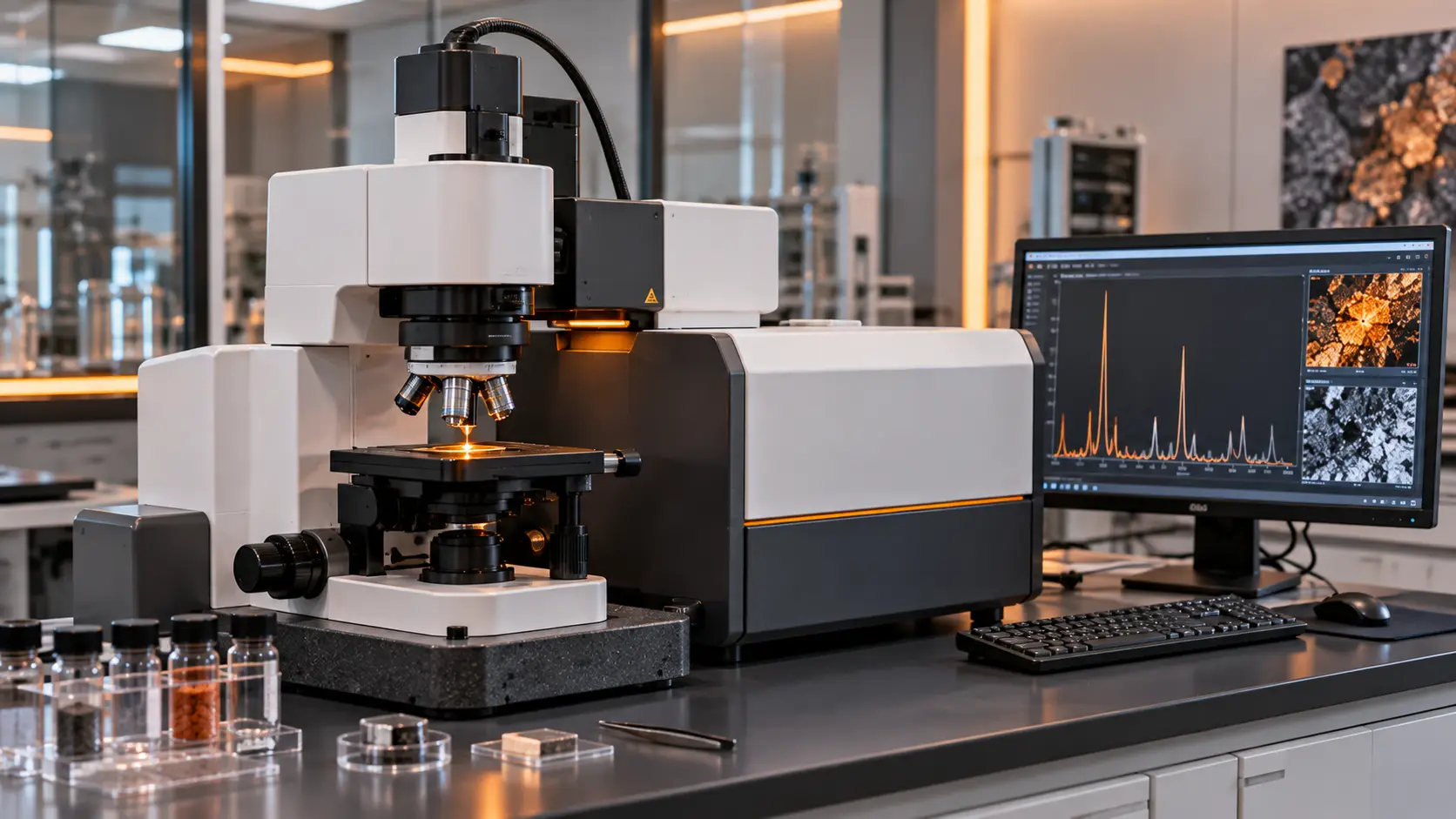 Raman spectroscopy microscope and spectrometer used for chemical and structural materials analysis