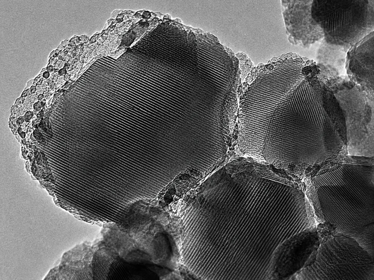 TEM micrograph of lithium-ion battery cathode nanomaterial showing nanoscale particles