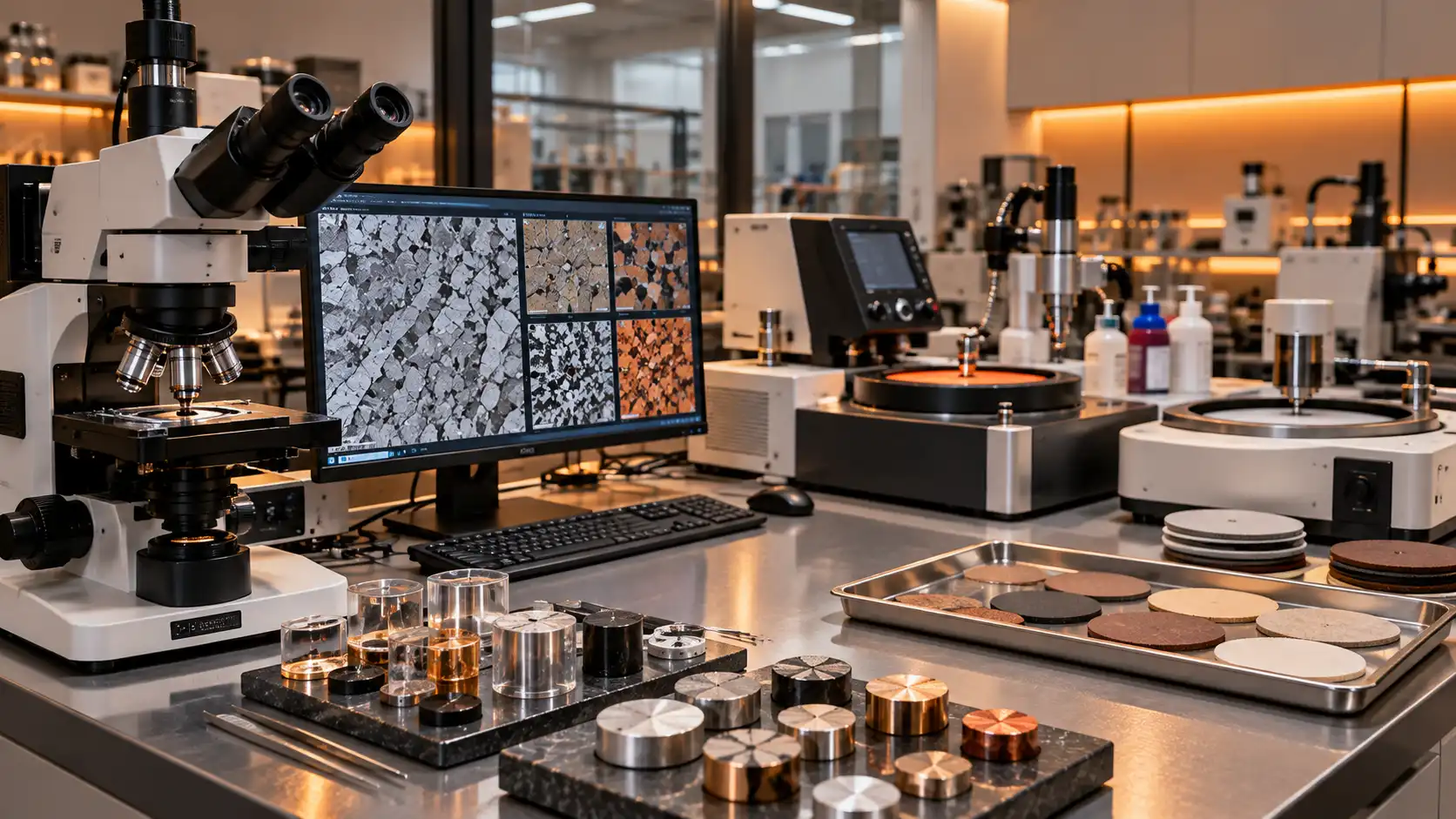 Metallurgical microscope and specimen preparation equipment in a materials testing laboratory
