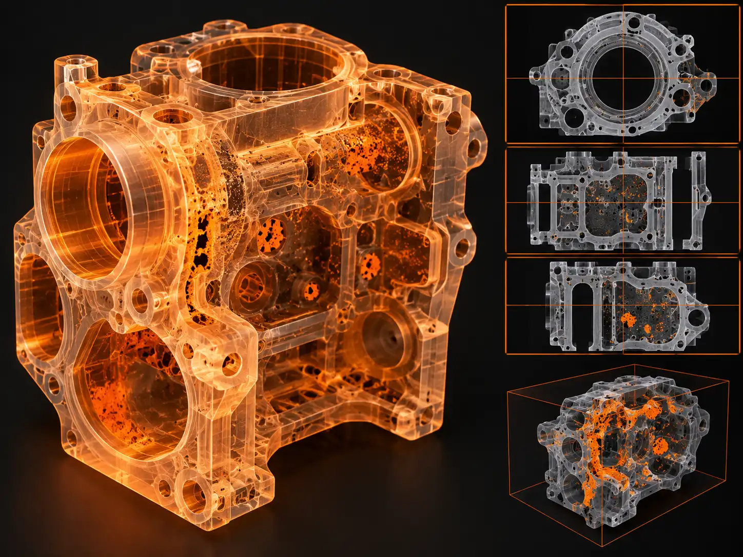 Micro-CT 3D volume reconstruction of an engineering component showing internal pores, voids, and inclusions