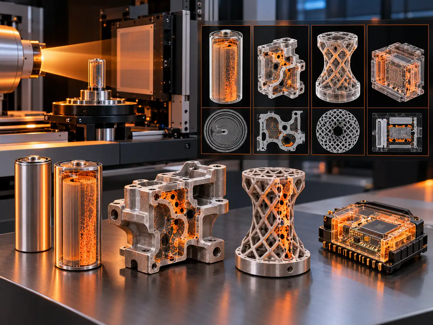 Micro-CT inspection of battery, casting, additive-manufactured, electronic, and composite components for internal defects and geometry