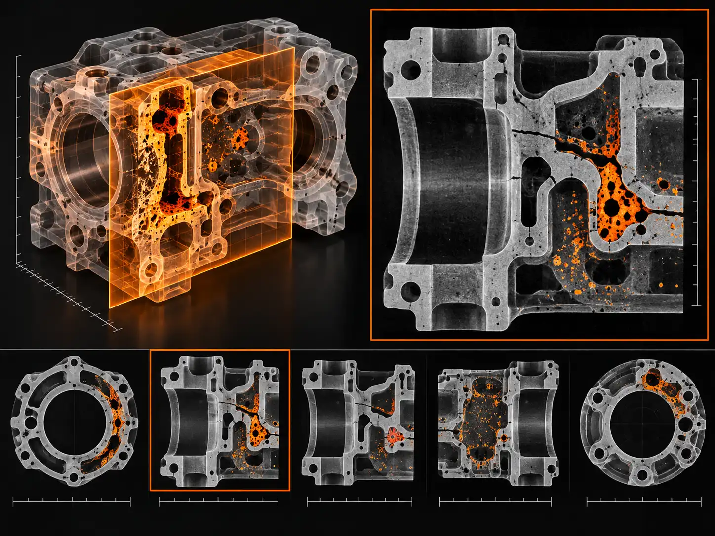 Micro-CT virtual cross-section of an engineering component revealing porosity, cracks, delamination, and internal defects