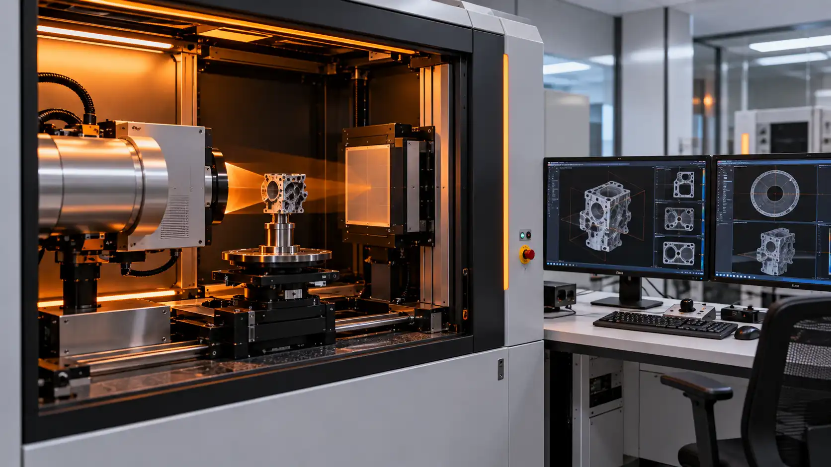 Industrial X-ray Micro-CT system imaging an engineering component for internal defect and 3D structure analysis